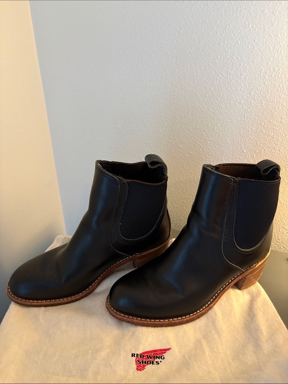 Red Wing Shoes Black Leather Harriet Boots with Tan Stacked Heel